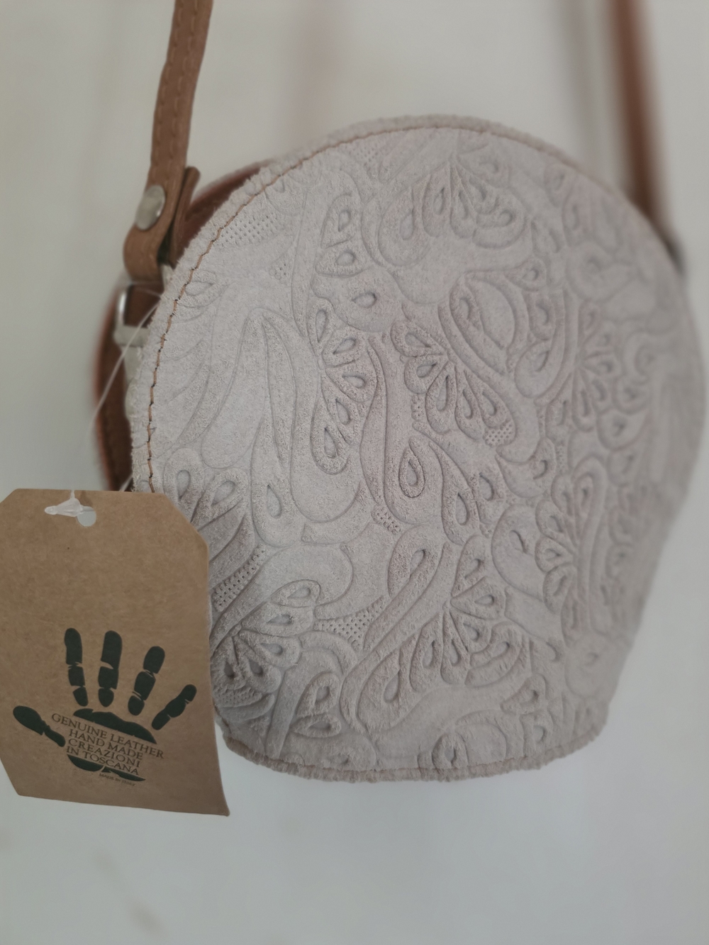 Genuine Leather Embossed Round Crossbody Bag - Beige